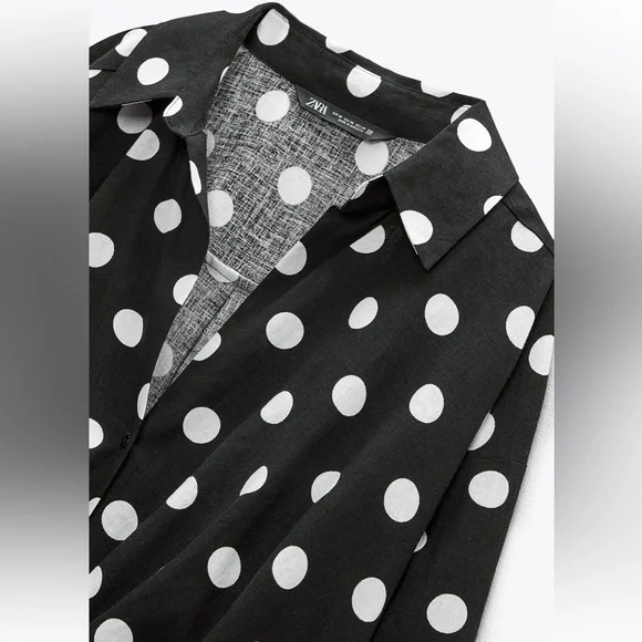 Zara NWT linen black & white polka dot knot front button front long sleeve shirt - Picture 9 of 10